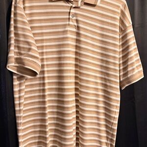 Men's Striped Beige and White Short-Sleeve Polo